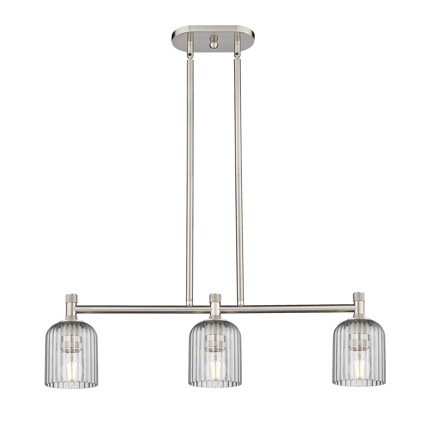Innovations Crown Point 32in 3-Light Island Light | Industrial Satin Nickel and Light Smoke Glass | Kitchen Island | Model 434-3I-SN-G559-5SM