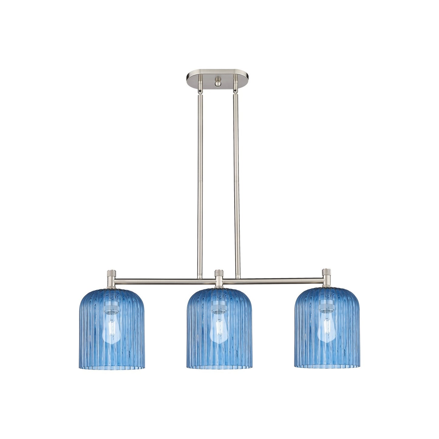 Innovations Crown Point 35in 3-Light Island Light | Industrial Satin Nickel and Princess Blue Glass | Kitchen Island | Model 434-3I-SN-G559-8BL