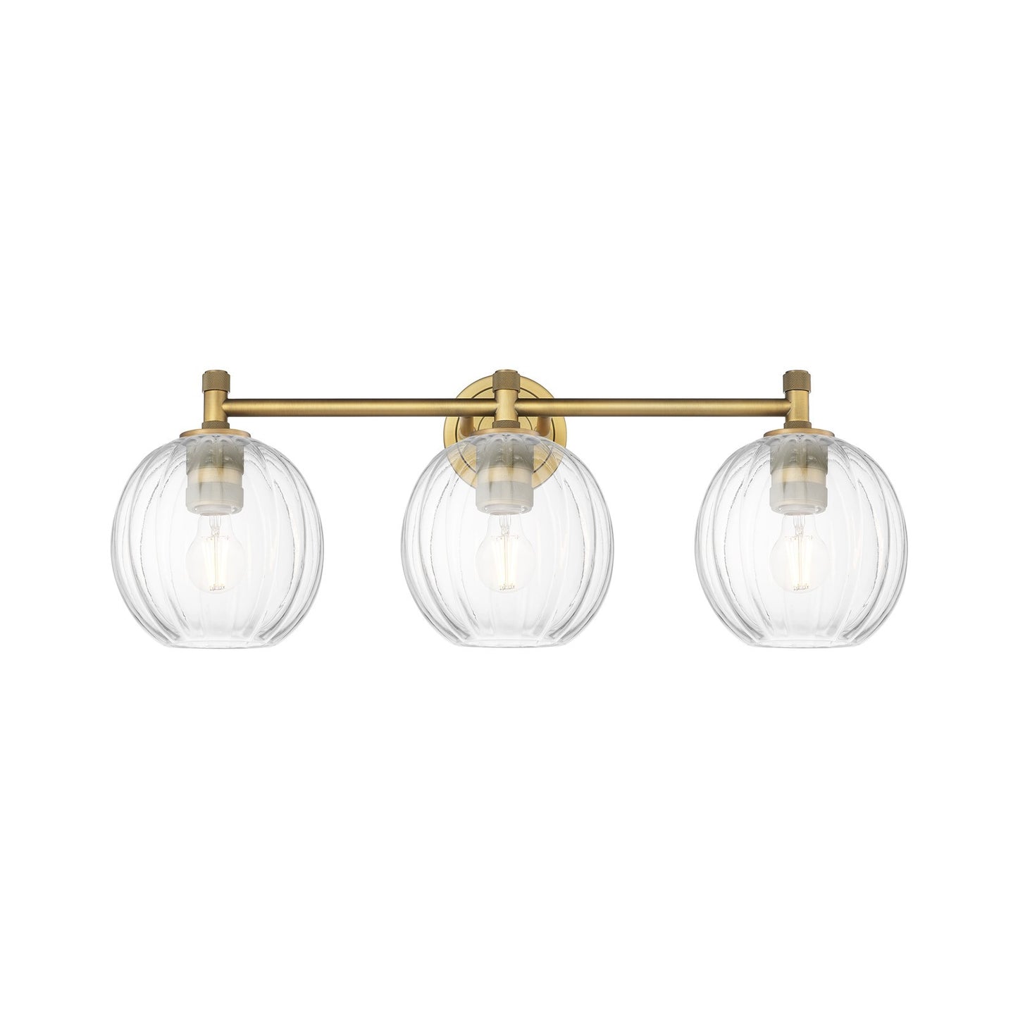 Innovations Preston Globe 25in 3-Light Bath Vanity | Industrial Brushed Brass and Clear Glass | Bathroom Vanity Light | Model 434-3W-BB-G458-7CL