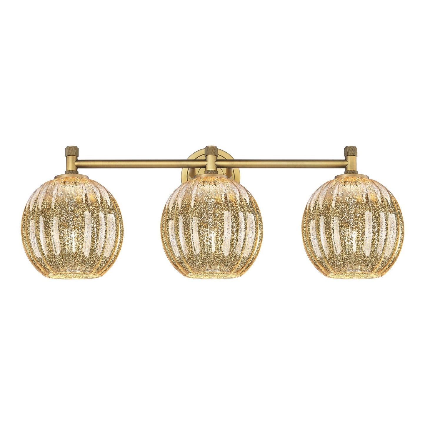 Innovations Preston Globe 25in 3-Light Bath Vanity | Industrial Brushed Brass and Mercury Glass | Bathroom Vanity Light | Model 434-3W-BB-G458-7ME