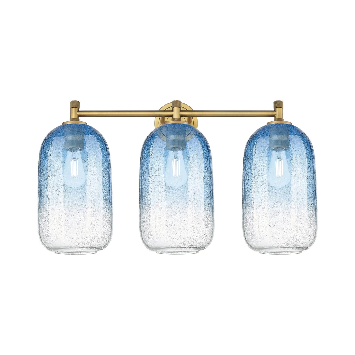 Innovations Brookhaven Cloche 25in 3-Light Bath Vanity Light | Industrial Brushed Brass and Sapphire Blue Glass | Bathroom | Model 434-3W-BB-G482-7SB