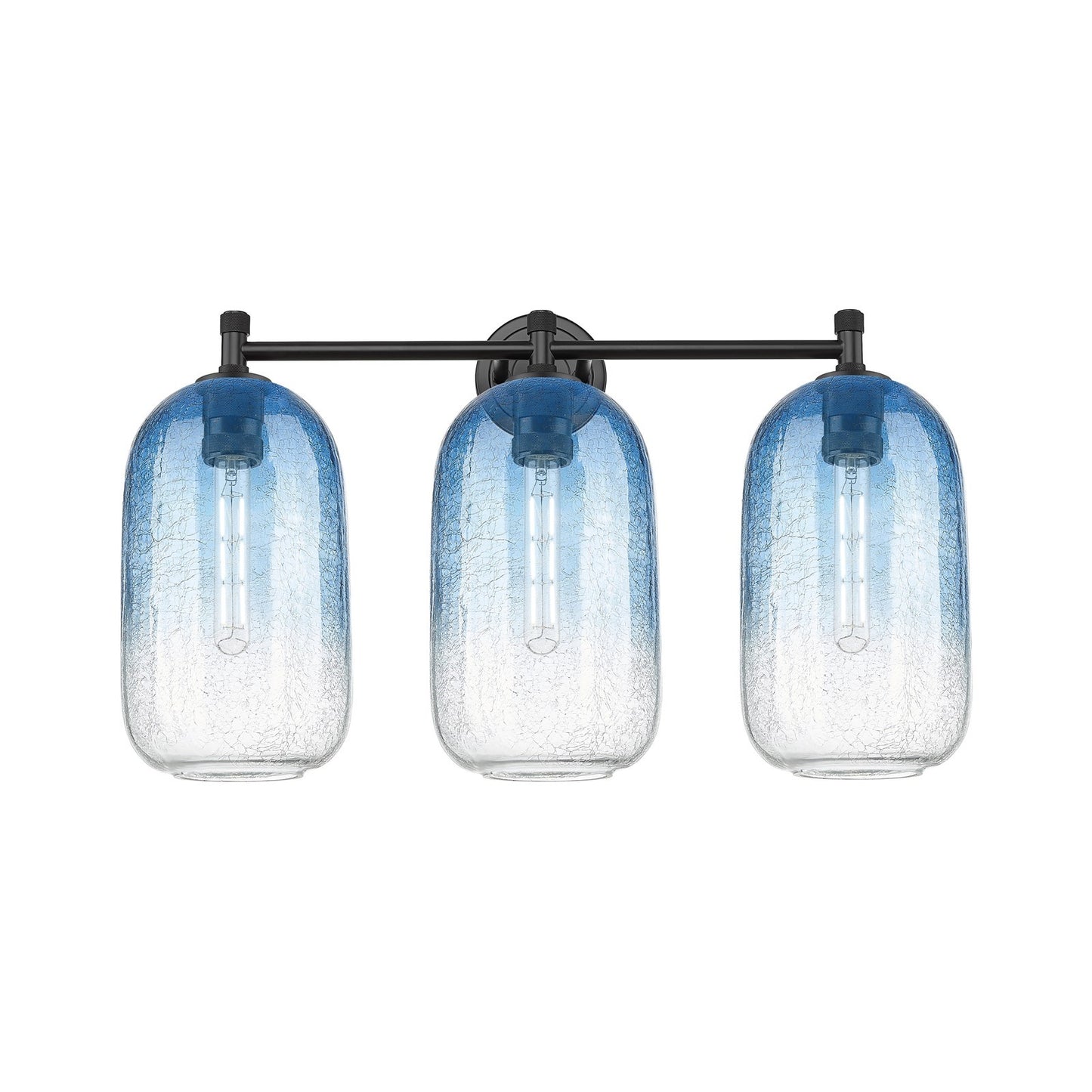 Innovations Brookhaven Cloche 25in 3-Light Bath Vanity | Industrial Matte Black and Sapphire Blue Glass | Bathroom | Model 434-3W-BK-G482-7SB