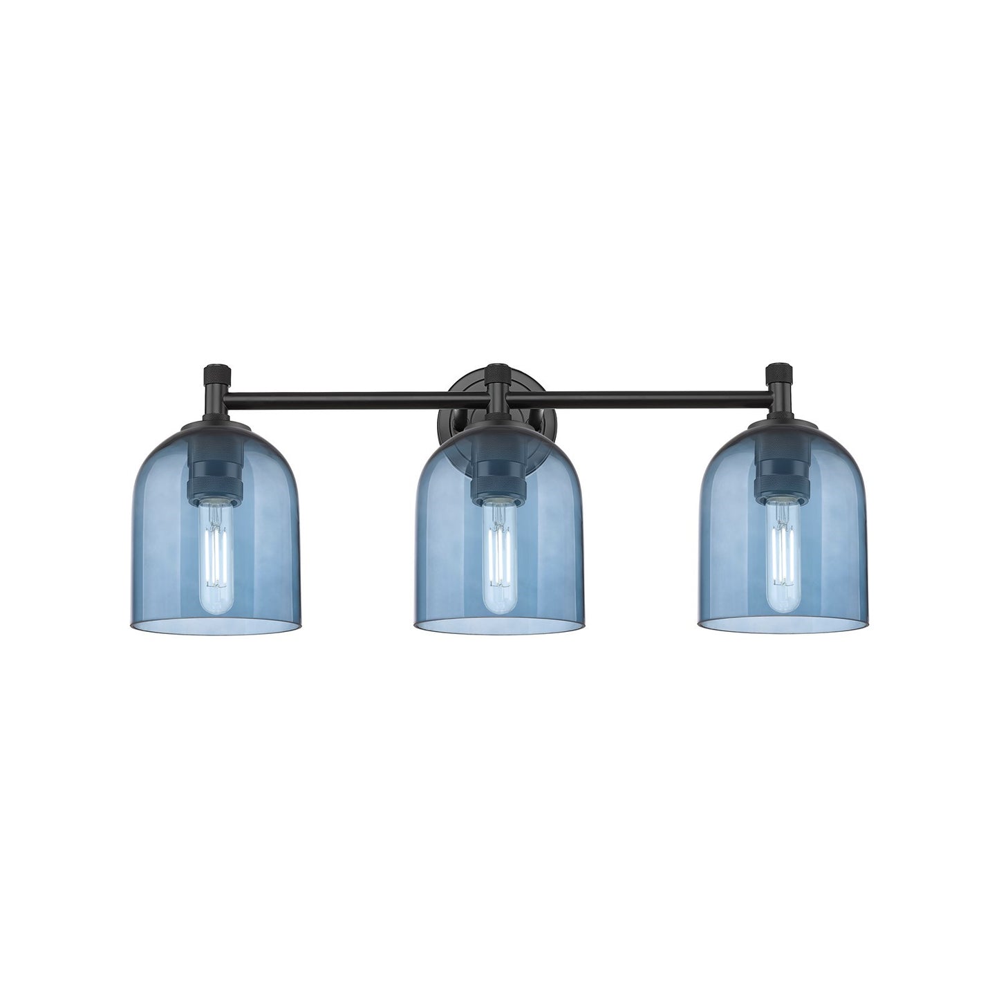 Innovations Bella 23in 3-Light Bath Vanity | Industrial Matte Black and Blue Glass | Bathroom & Powder Room | Model 434-3W-BK-G558-6BL