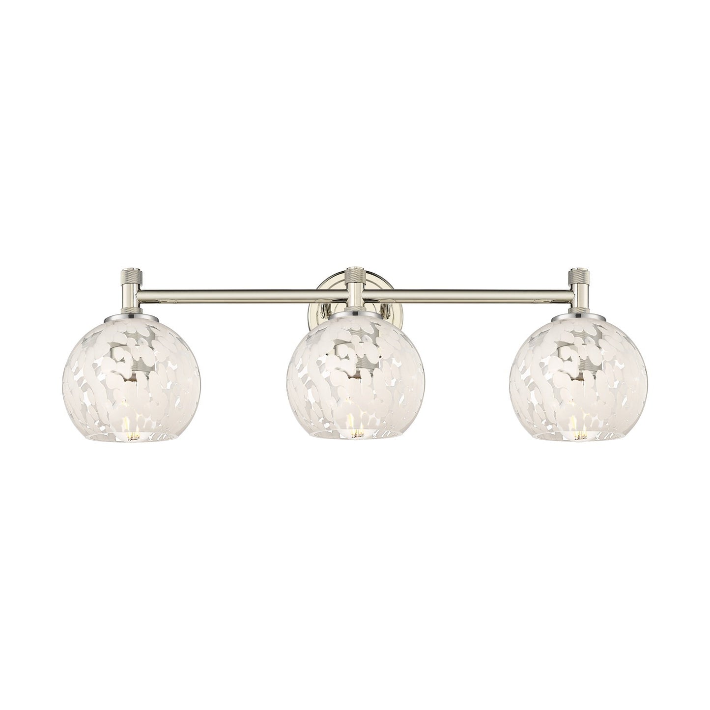 Innovations White Mouchette 24in 3-Light Bath Vanity | Industrial Polished Nickel and White Mouchette Glass | Bathroom | Model 434-3W-PN-G1216-6WM