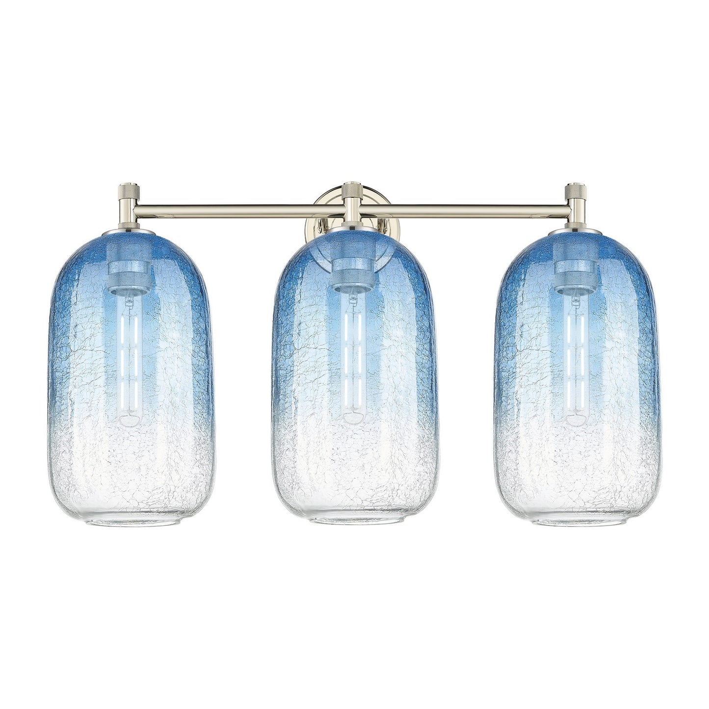 Innovations Brookhaven Cloche 25in 3-Light Bath Vanity Light | Industrial Polished Nickel and Sapphire Blue Glass | Model 434-3W-PN-G482-7SB