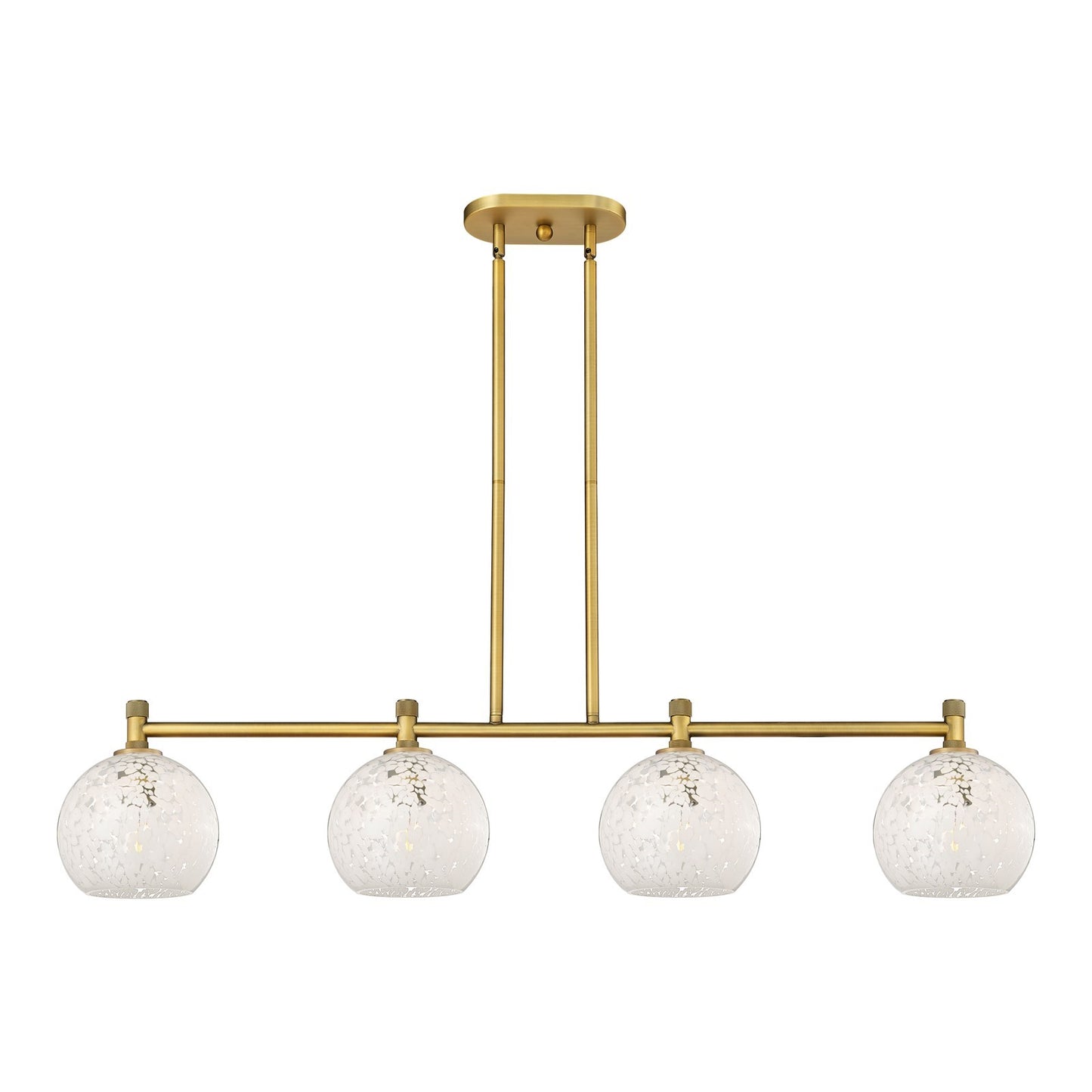 Innovations White Mouchette 48in 4-Light Island Light | Industrial Brushed Brass and White Mouchette Glass | Kitchen | Model 434-4I-BB-G1216-8WM
