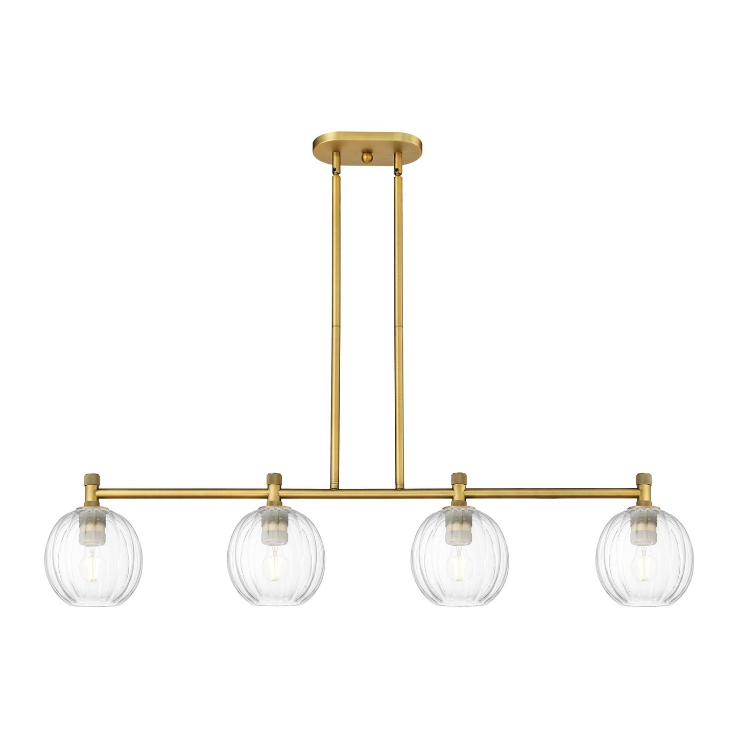 Innovations Preston Globe 47in 4-Light Island | Industrial Brushed Brass and Clear Glass | Kitchen Island & Dining Room | Model 434-4I-BB-G458-7CL