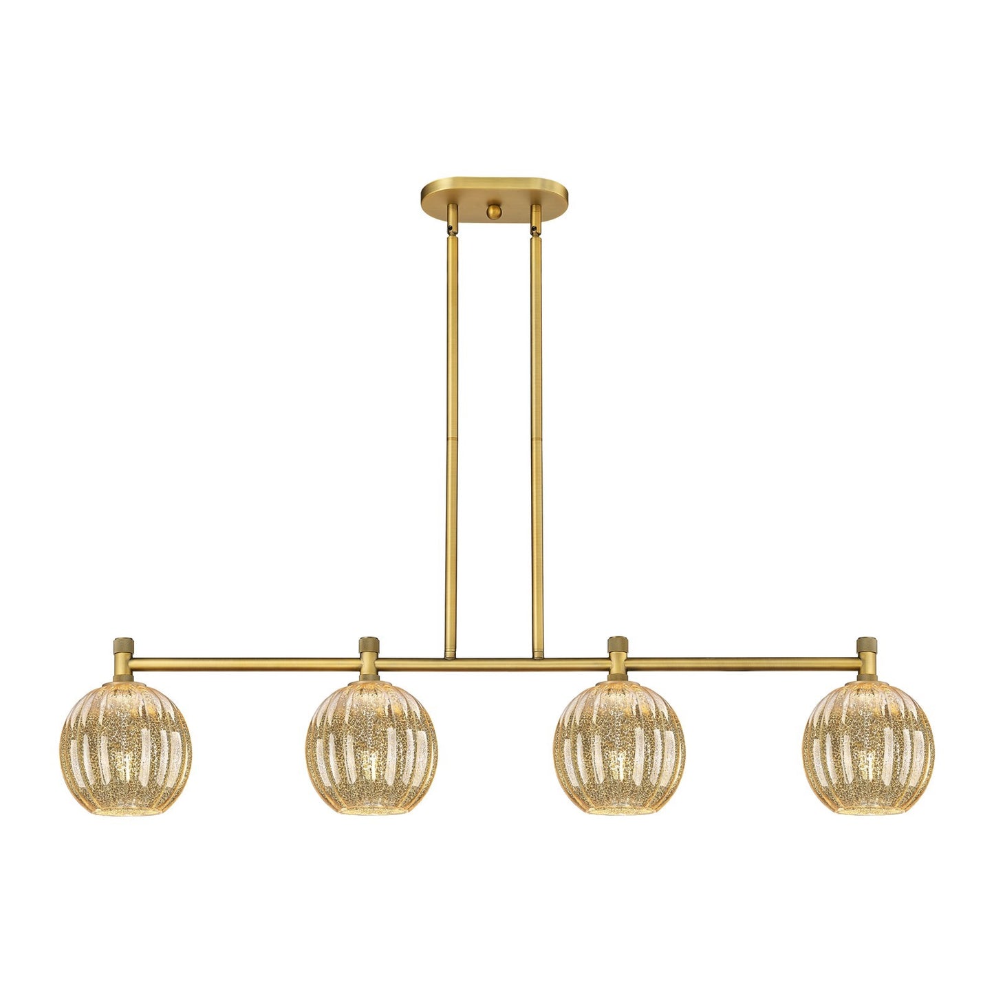 Innovations Preston Globe 47in 4-Light Island | Industrial Brushed Brass and Mercury Glass | Kitchen Island & Dining Room | Model 434-4I-BB-G458-7ME