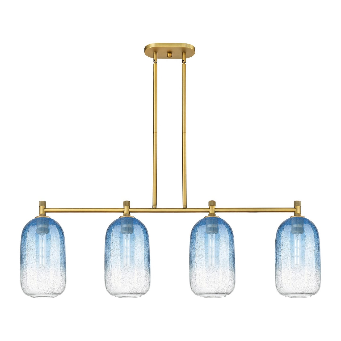 Innovations Brookhaven Cloche 47in 4-Light Island Light | Industrial Brushed Brass and Sapphire Blue Glass | Kitchen | Model 434-4I-BB-G482-7SB