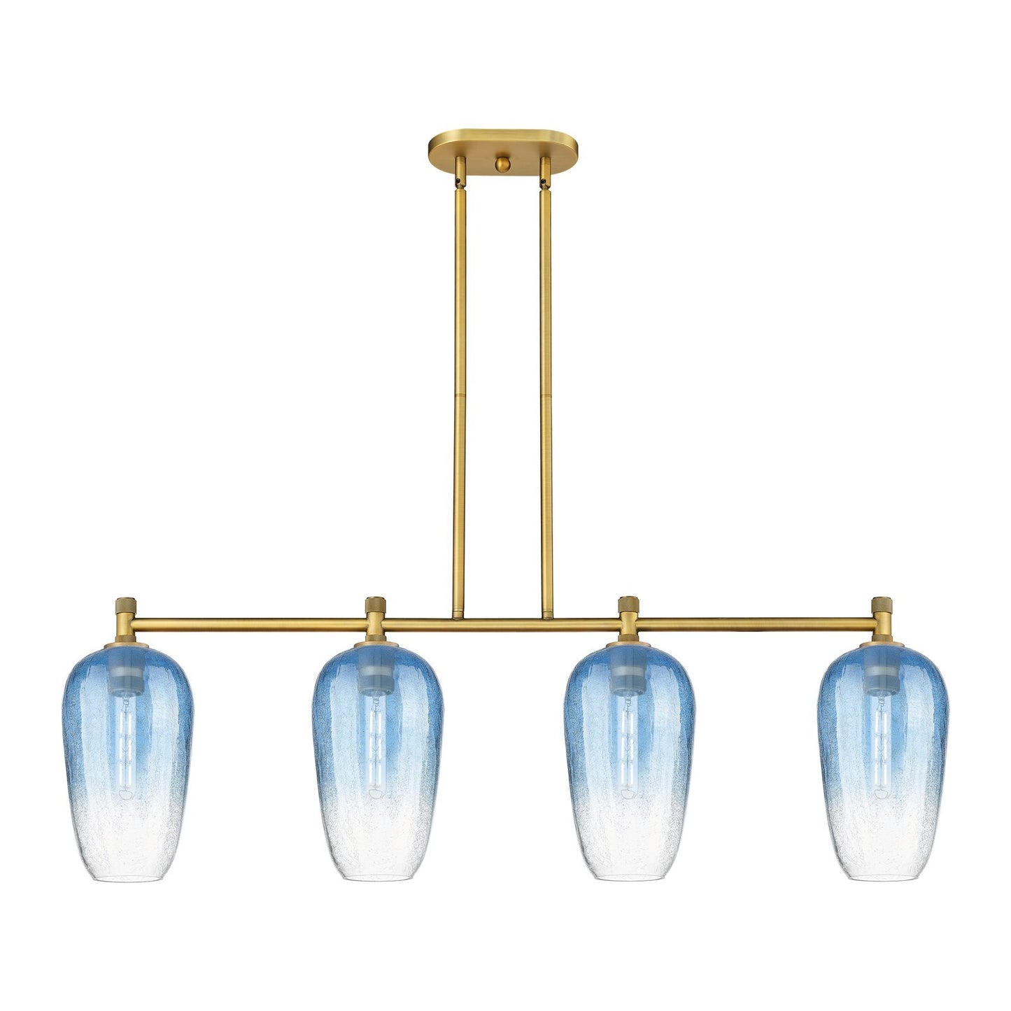 Innovations Brookhaven Flute 47in 4-Light Island | Industrial Brushed Brass and Sapphire Blue Glass | Kitchen Island | Model 434-4I-BB-G484-7SB