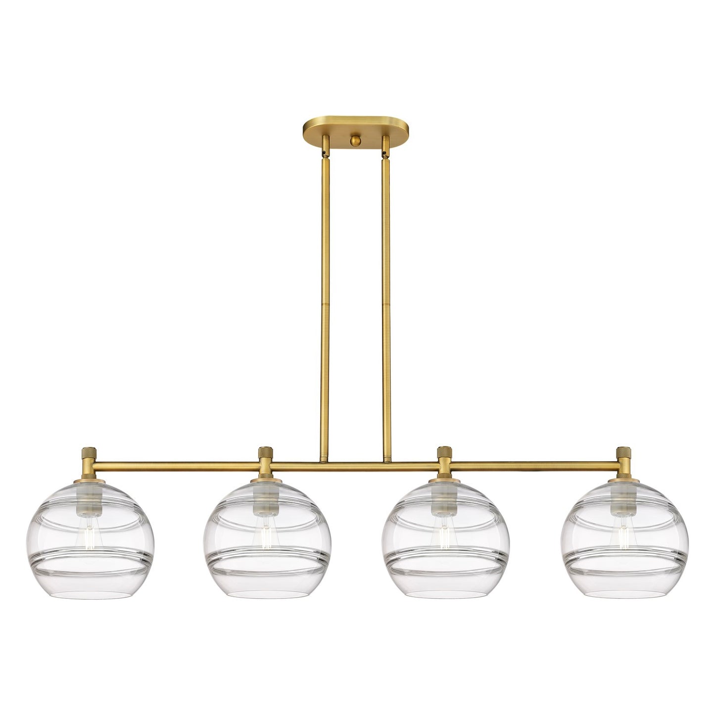 Innovations Rochester 50in 4-Light Island | Industrial Brushed Brass and Clear Glass | Kitchen Island & Dining Room | Model 434-4I-BB-G556-10CL