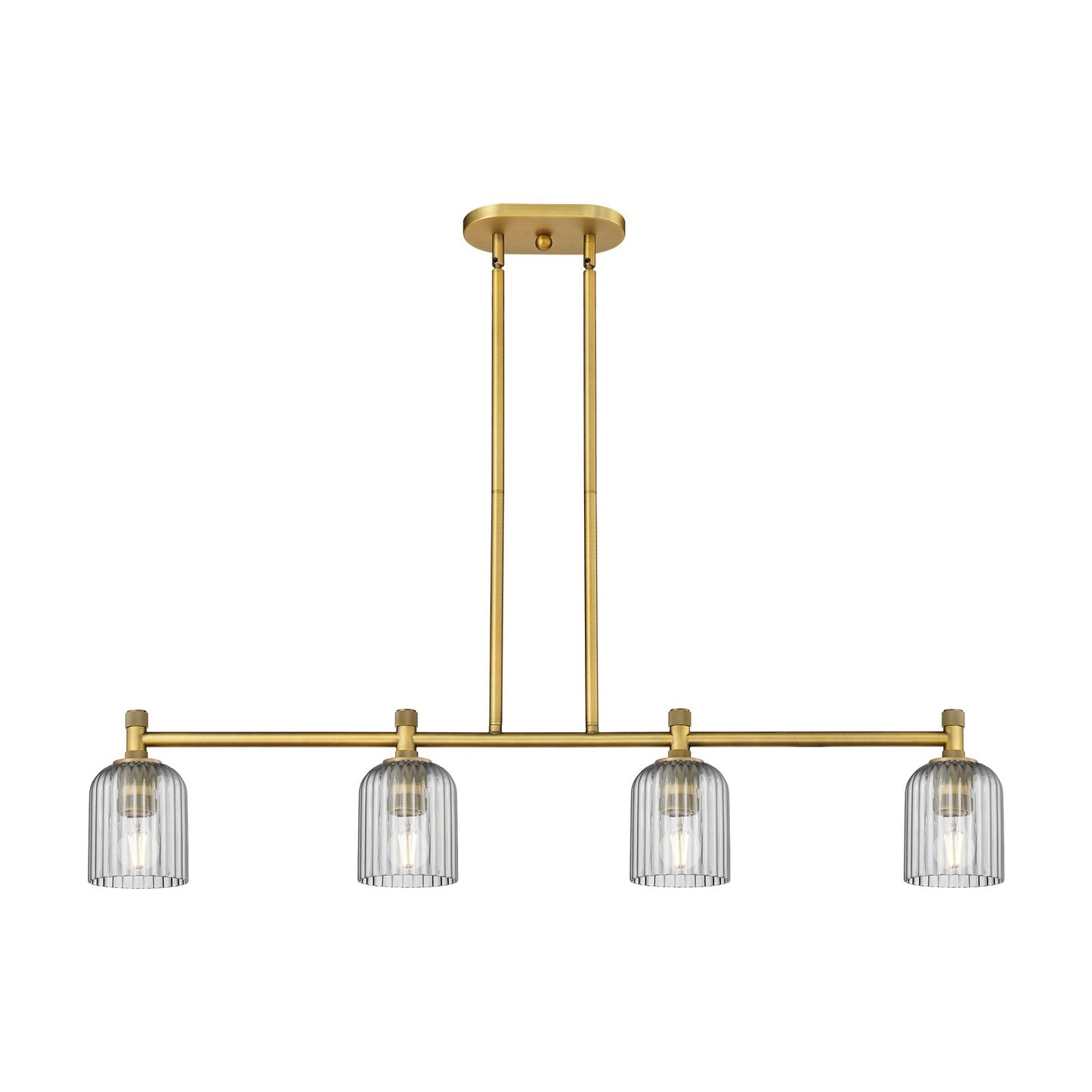 Innovations Crown Point 45in 4-Light Island Light | Industrial Brushed Brass and Light Smoke Glass | Kitchen Island | Model 434-4I-BB-G559-5SM