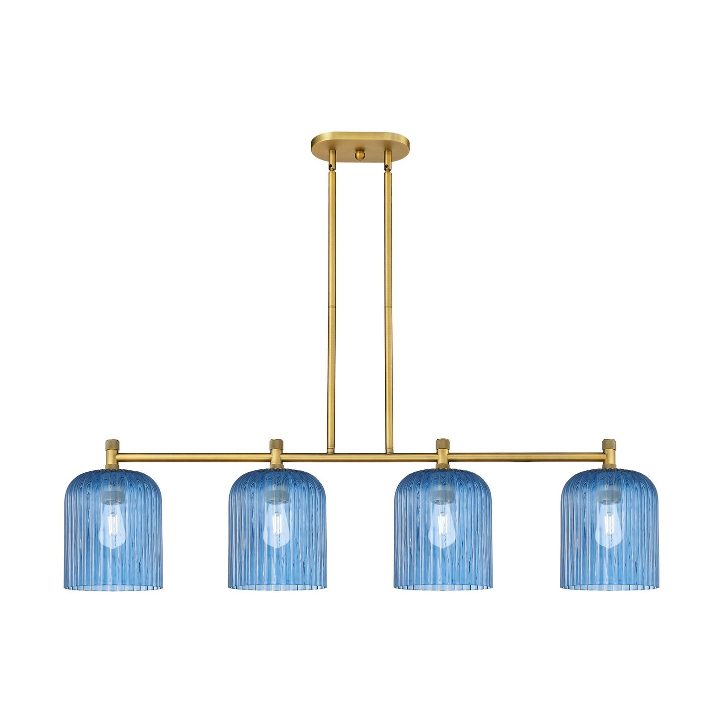 Innovations Crown Point 48in 4-Light Island Light | Industrial Brushed Brass and Princess Blue Glass | Kitchen Island | Model 434-4I-BB-G559-8BL