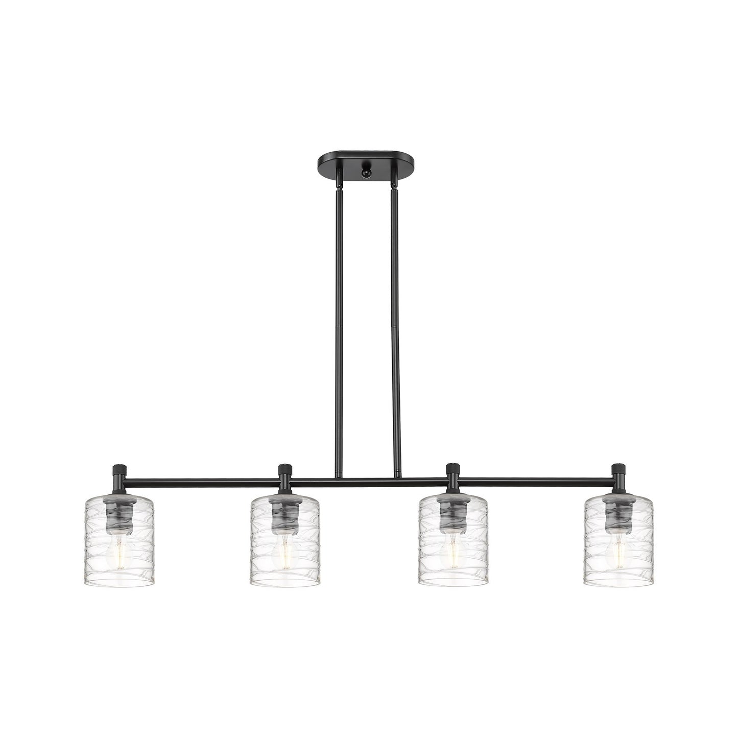 Innovations Cobbleskill 45in 4-Light Island | Industrial Matte Black and Deco Swirl Glass | Kitchen Island & Dining Room | Model 434-4I-BK-G1113