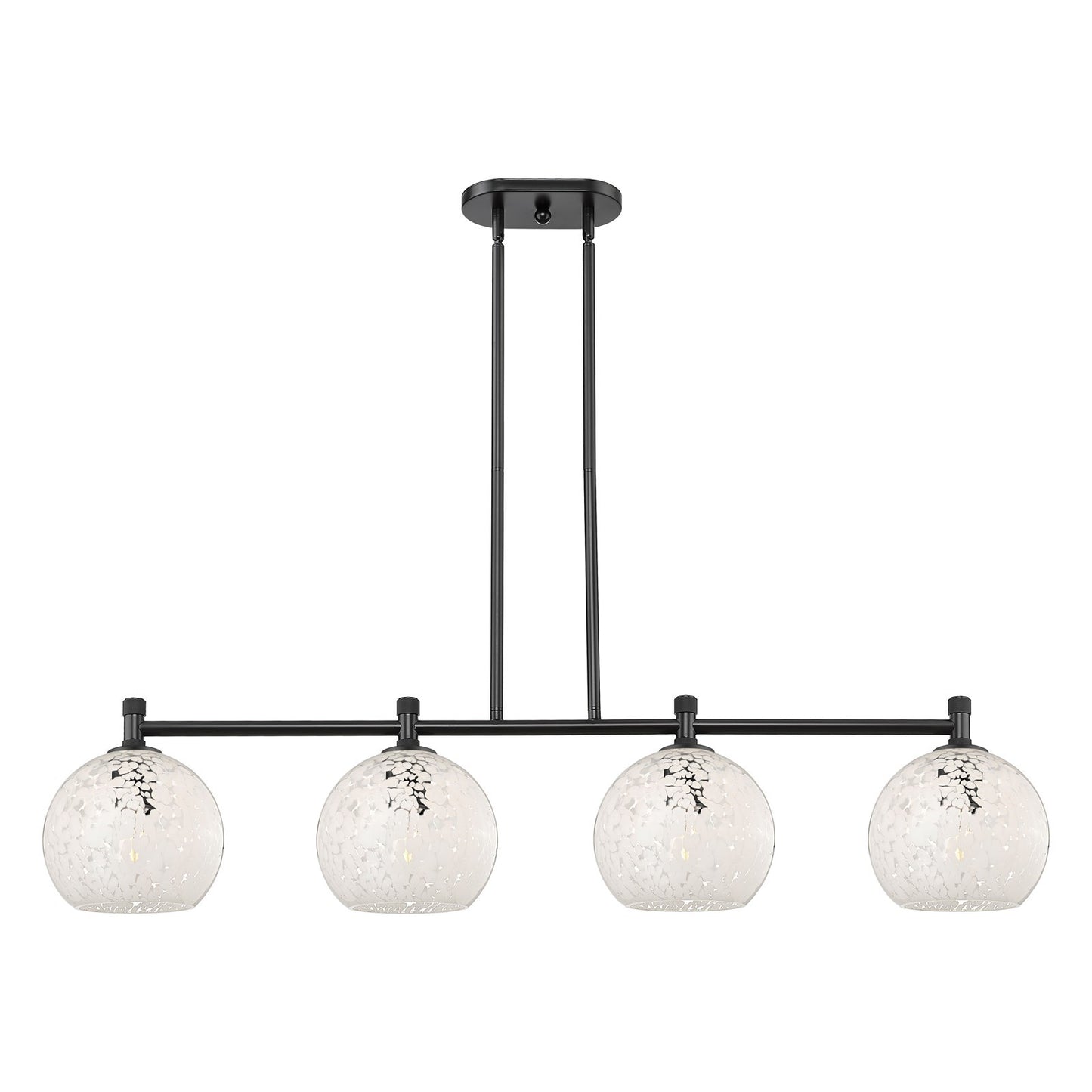 Innovations White Mouchette 48in 4-Light Island | Industrial Matte Black and White Mouchette Glass | Kitchen Island | Model 434-4I-BK-G1216-8WM
