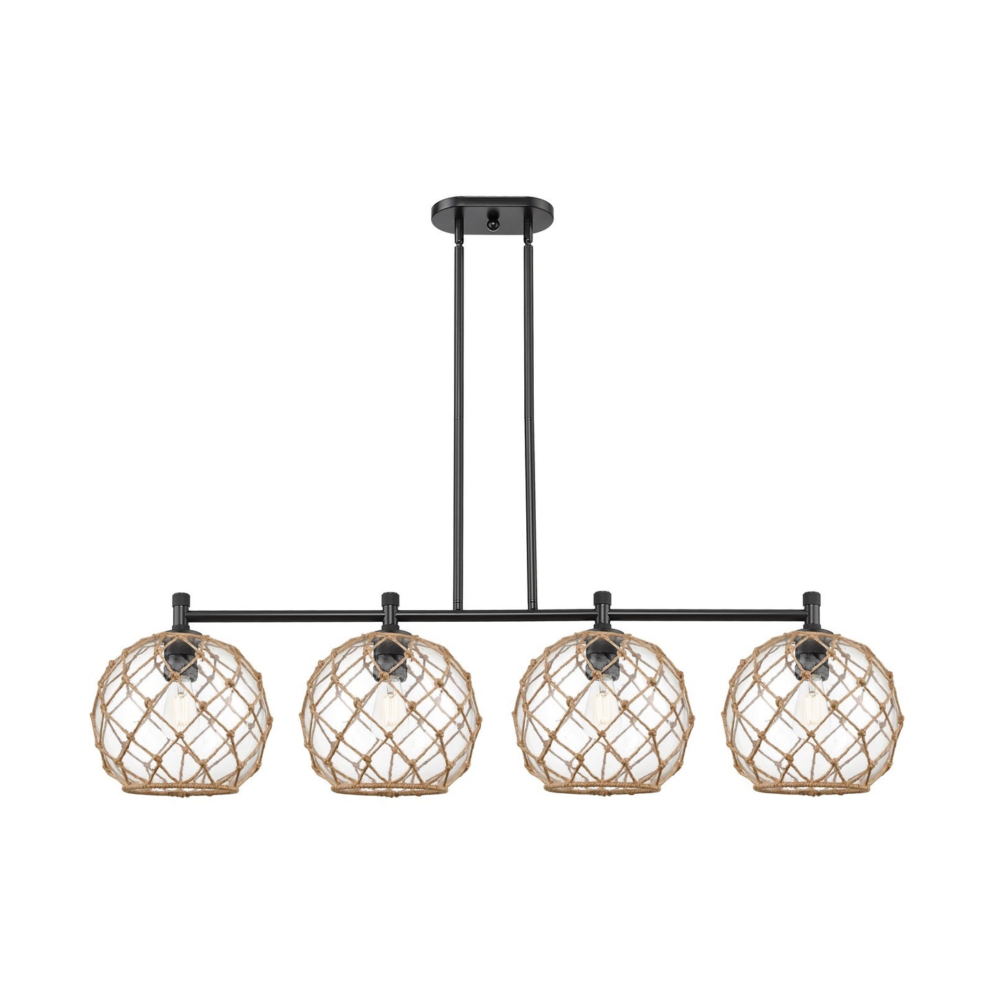 Innovations Farmhouse Rope 50in 4-Light Island | Industrial Matte Black and Clear Glass Brown Rope | Kitchen Island | Model 434-4I-BK-G122-10RB