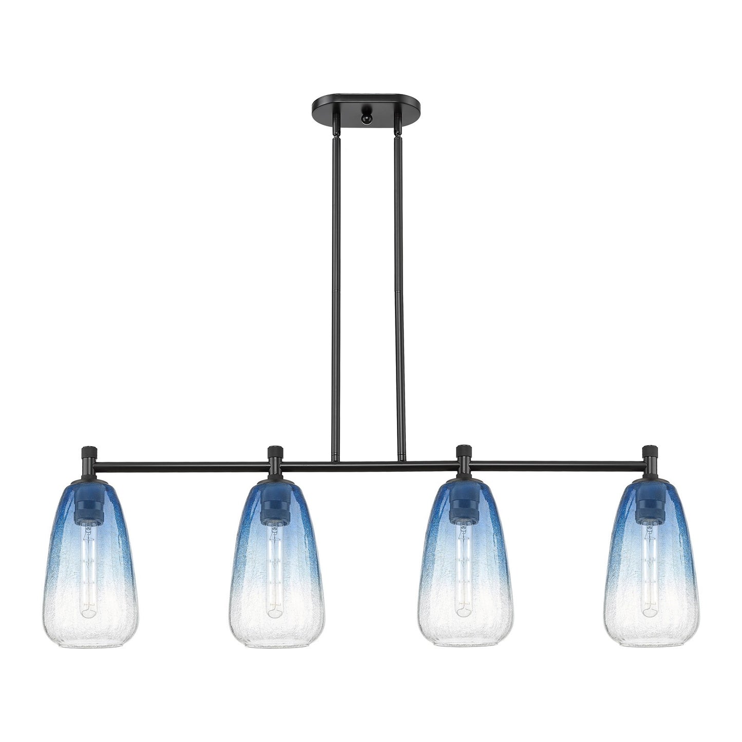Innovations Brookhaven Almond 46in 4-Light Island Light | Industrial Matte Black and Sapphire Blue Glass | Kitchen Island | Model 434-4I-BK-G480-6SB