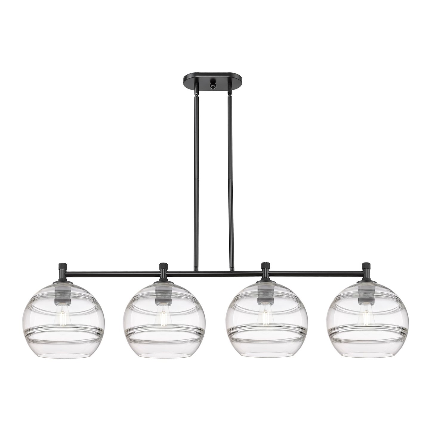 Innovations Rochester 50in 4-Light Island Light | Industrial Matte Black and Clear Glass | Kitchen Island & Dining Room | Model 434-4I-BK-G556-10CL