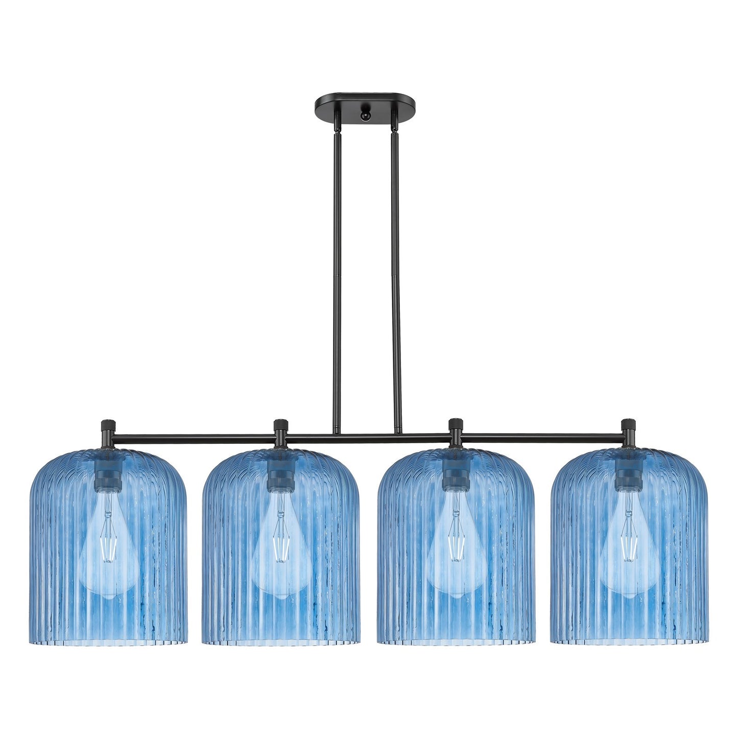 Innovations Crown Point 52in 4-Light Island Light | Industrial Matte Black and Princess Blue Glass | Kitchen Island | Model 434-4I-BK-G559-12BL
