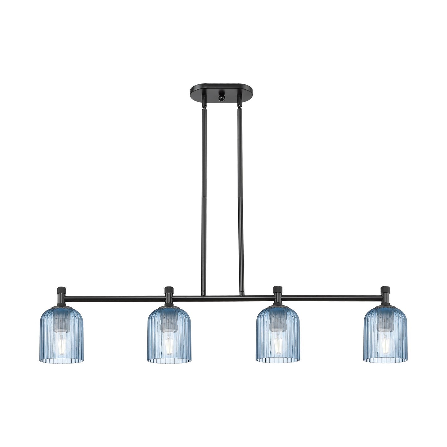 Innovations Crown Point 45in 4-Light Island Light | Industrial Matte Black and Princess Blue Glass | Kitchen Island | Model 434-4I-BK-G559-5BL