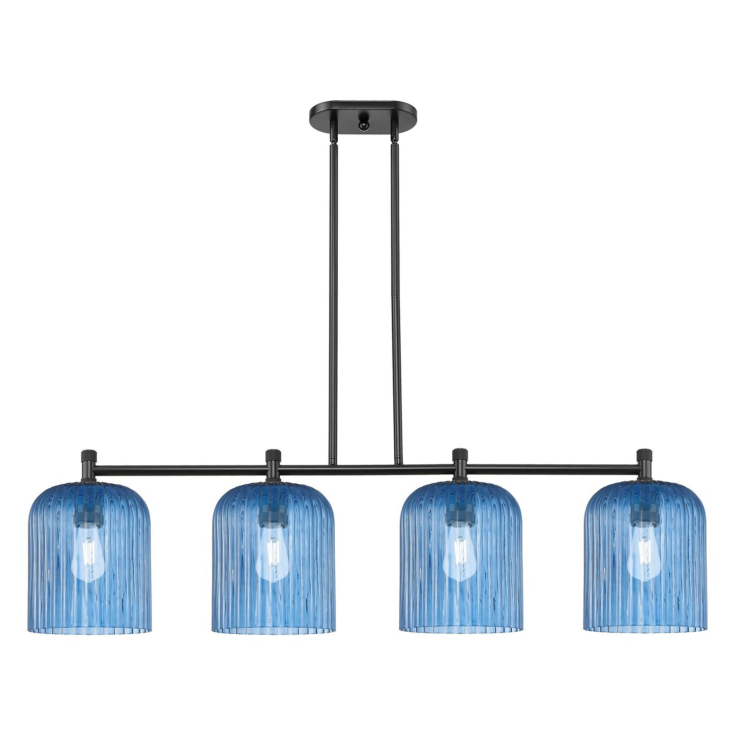 Innovations Crown Point 48in 4-Light Island Light | Industrial Matte Black and Princess Blue Glass | Kitchen Island | Model 434-4I-BK-G559-8BL
