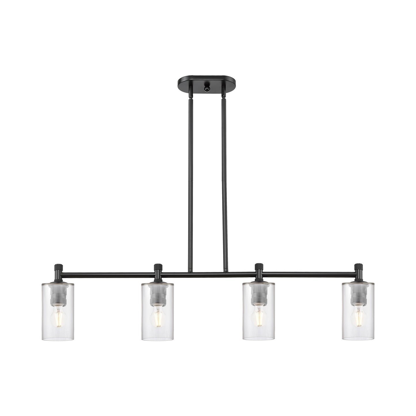 Innovations Clymer 44in 4-Light Island Light | Industrial Matte Black and Clear Glass | Kitchen Island & Dining Room | Model 434-4I-BK-G802