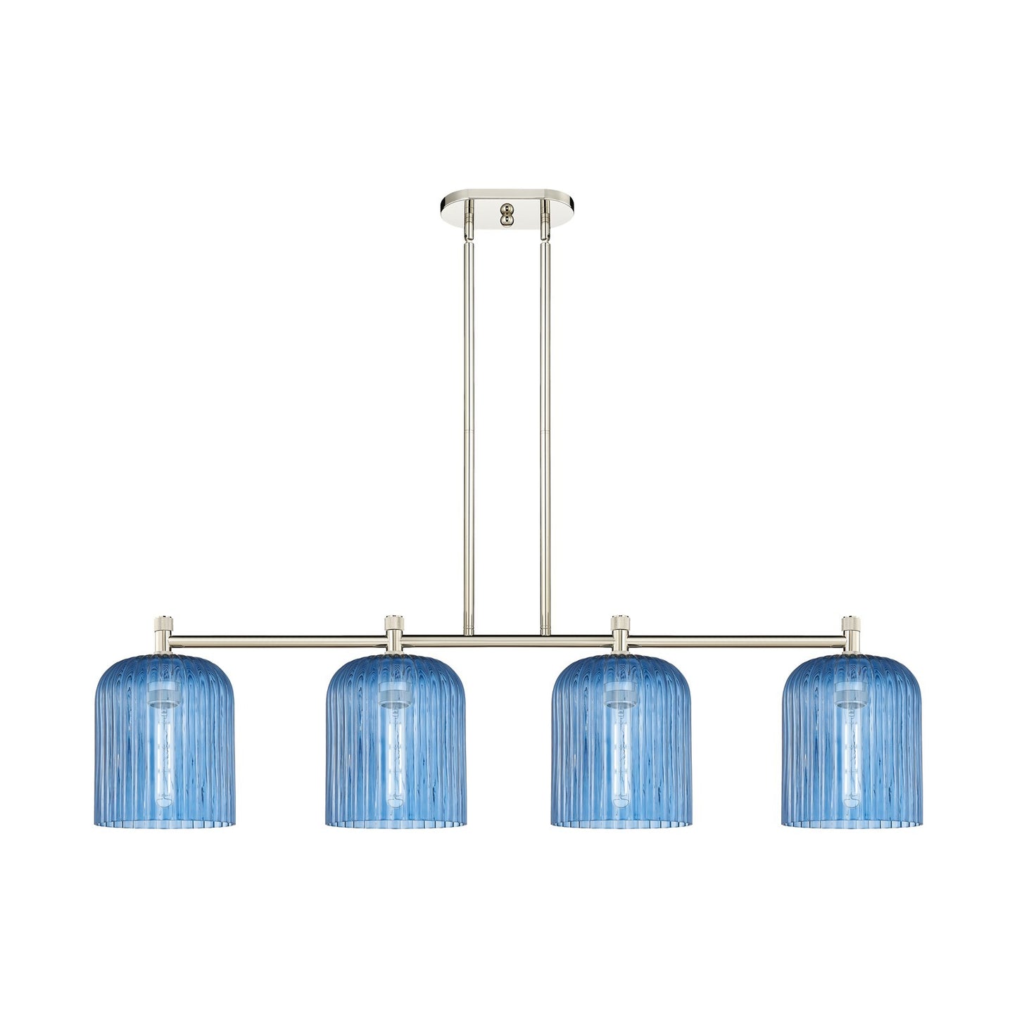 Innovations Crown Point 48in 4-Light Island Light | Industrial Polished Nickel and Princess Blue Glass | Kitchen Island | Model 434-4I-PN-G559-8BL