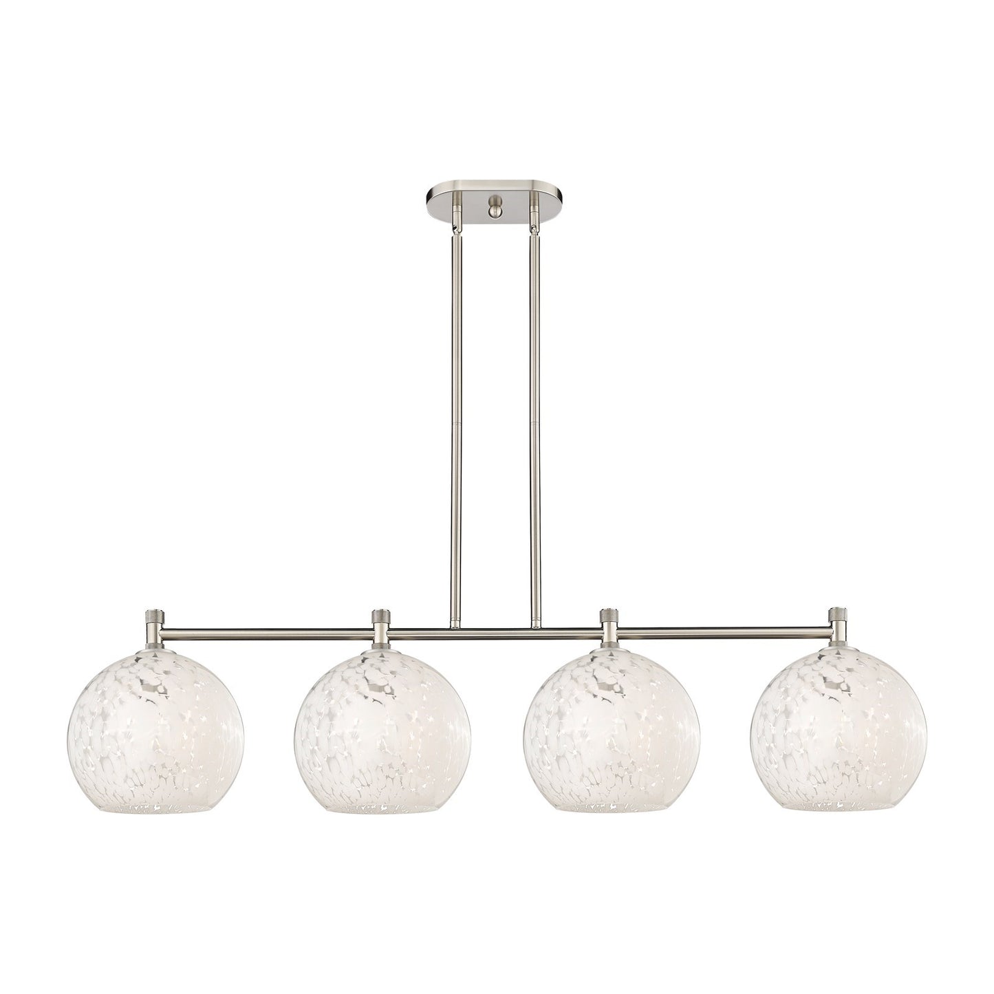 Innovations White Mouchette 50in 4-Light Island | Industrial Satin Nickel and White Mouchette Glass | Kitchen Island | Model 434-4I-SN-G1216-10WM