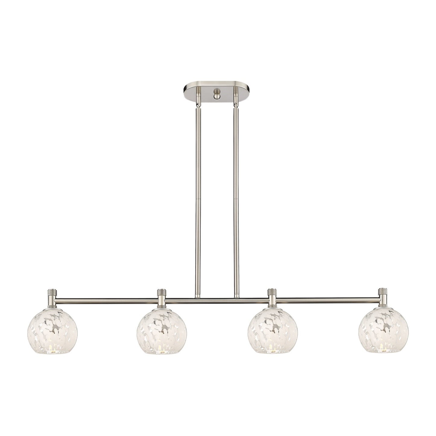 Innovations White Mouchette 46in 4-Light Island | Industrial Satin Nickel and White Mouchette Glass | Kitchen Island | Model 434-4I-SN-G1216-6WM