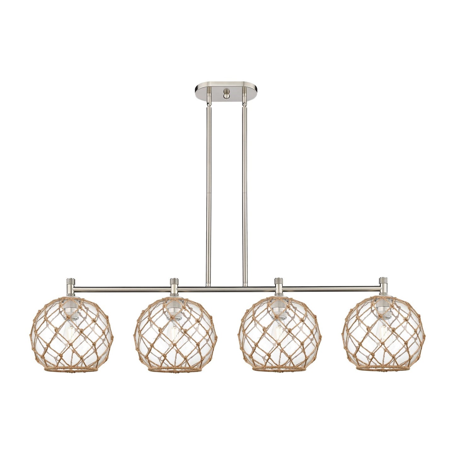 Innovations Farmhouse Rope 50in 4-Light Island | Industrial Satin Nickel and Clear Glass Brown Rope | Kitchen Island | Model 434-4I-SN-G122-10RB