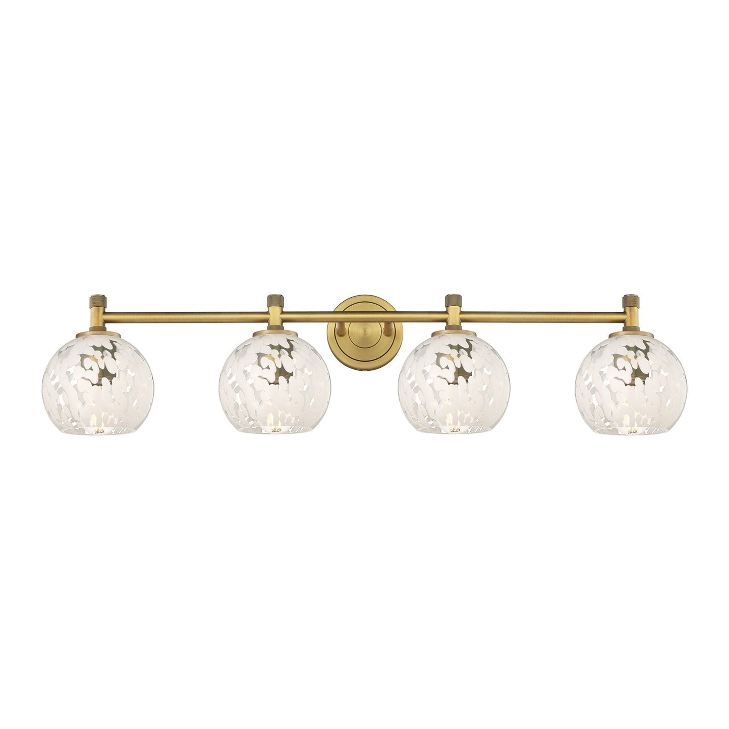 Innovations White Mouchette 36.5in 4-Light Bath Vanity Light | Industrial Brushed Brass and White Glass | Bathroom | Model 434-4W-BB-G1216-6WM