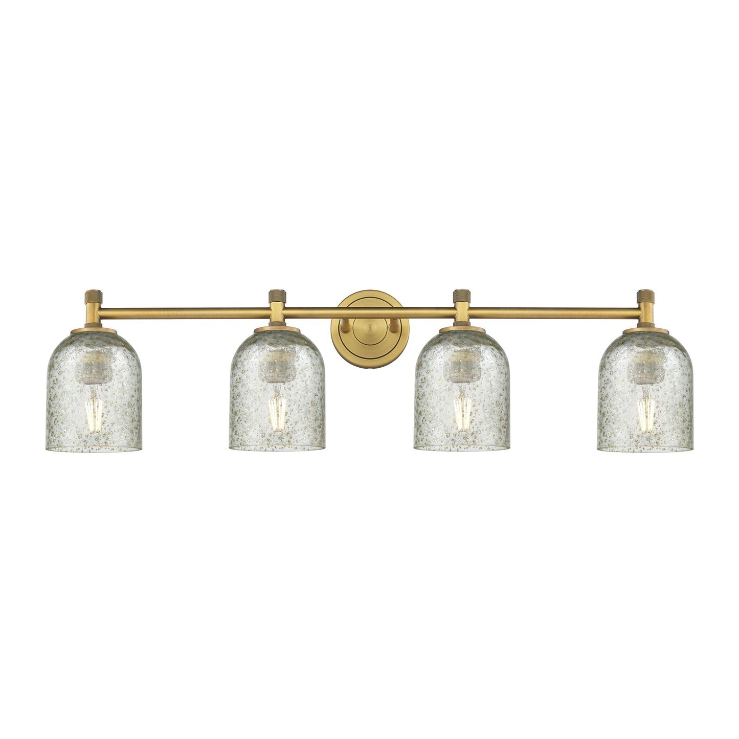 Innovations Caledonia 35.5in 4-Light Bath Vanity Light | Industrial Brushed Brass and Mica Glass | Bathroom Vanity | Model 434-4W-BB-G259