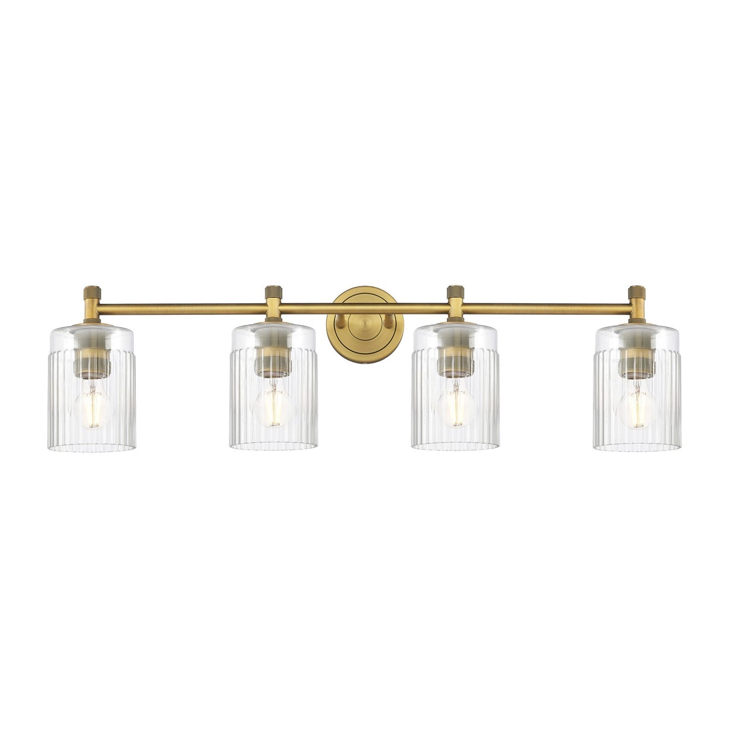 Innovations Hadley 35in 4-Light Bath Vanity Light | Industrial Brushed Brass and Clear Ribbed Glass | Bathroom Vanity | Model 434-4W-BB-G342