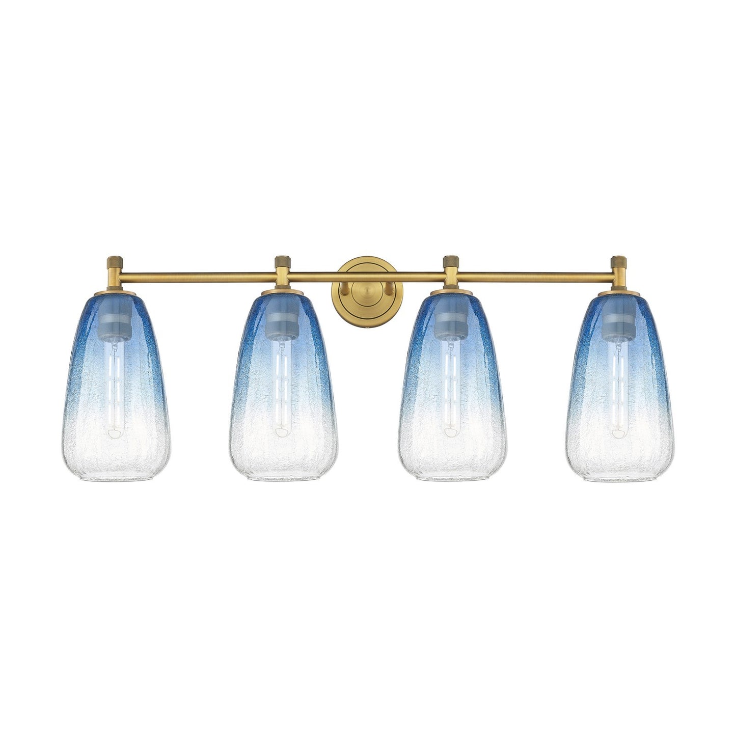 Innovations Brookhaven Almond 37in 4-Light Bath Vanity | Industrial Brushed Brass and Sapphire Blue Glass | Bathroom | Model 434-4W-BB-G480-6SB