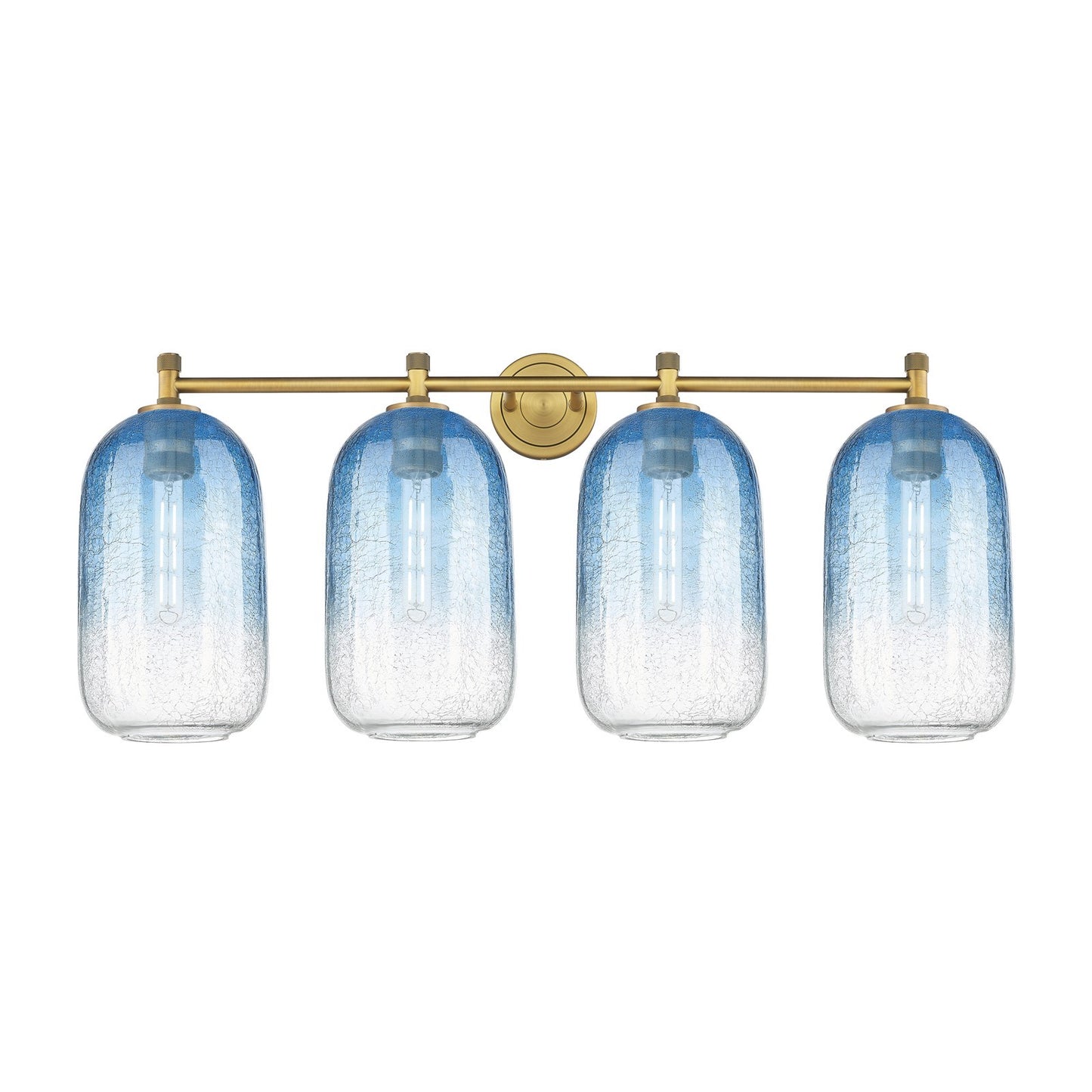 Innovations Brookhaven Cloche 38in 4-Light Bath Vanity Light | Industrial Brushed Brass and Sapphire Blue Glass | Bathroom | Model 434-4W-BB-G482-7SB