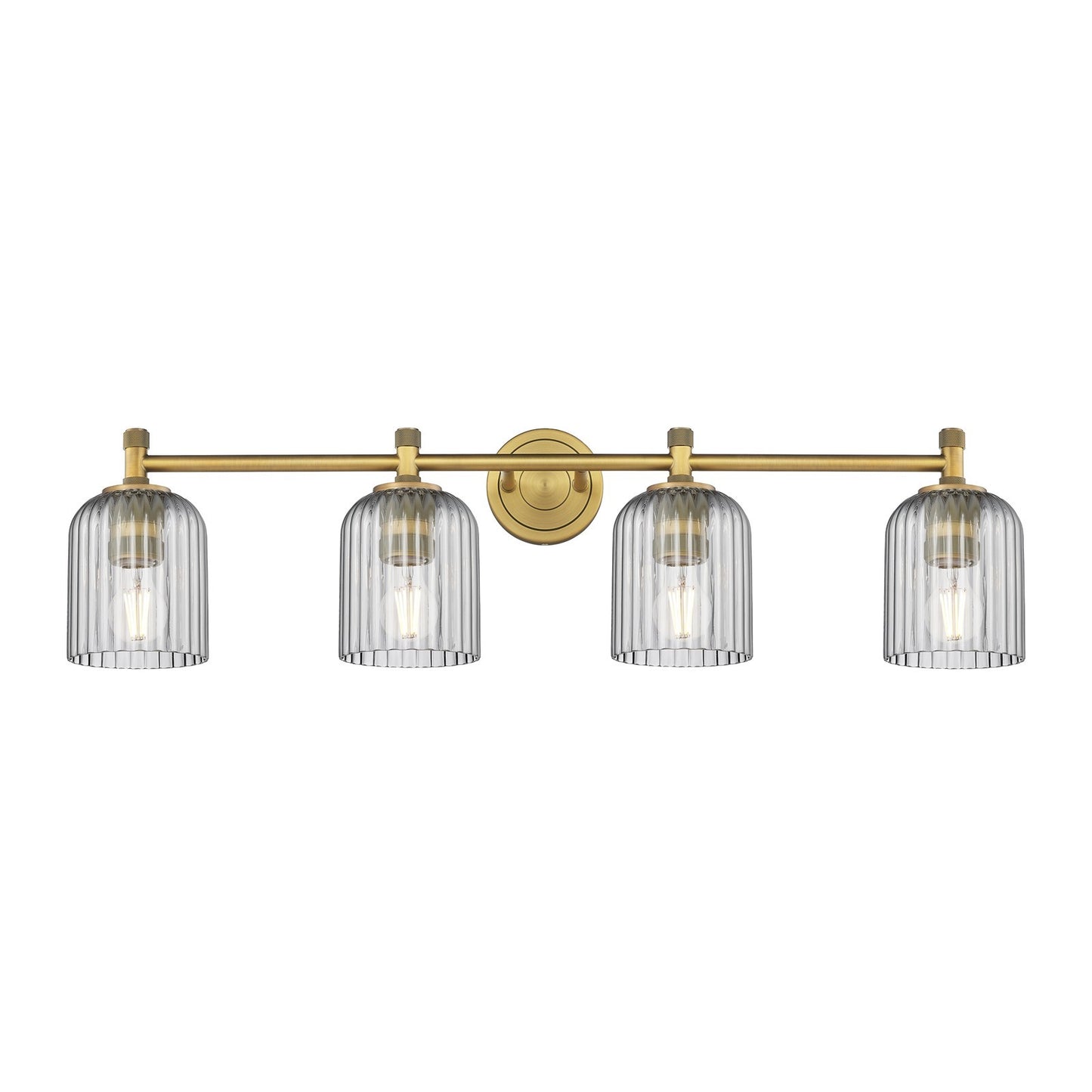 Innovations Crown Point 35in 4-Light Bath Vanity | Industrial Brushed Brass and Light Smoke Glass | Bathroom & Powder Room | Model 434-4W-BB-G559-5SM