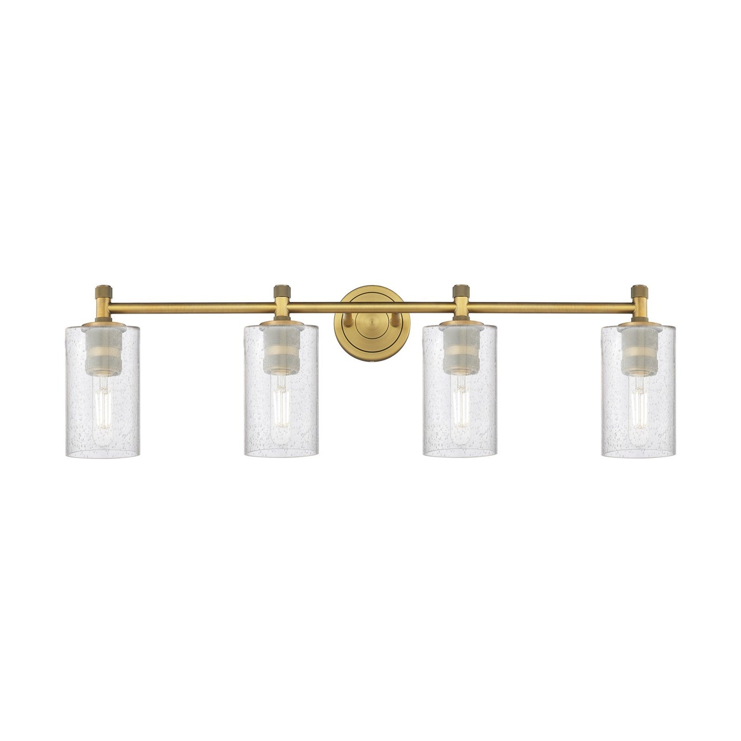 Innovations Clymer 34.38in 4-Light Bath Vanity Light | Industrial Brushed Brass and Seedy Glass | Bathroom Vanity | Model 434-4W-BB-G804