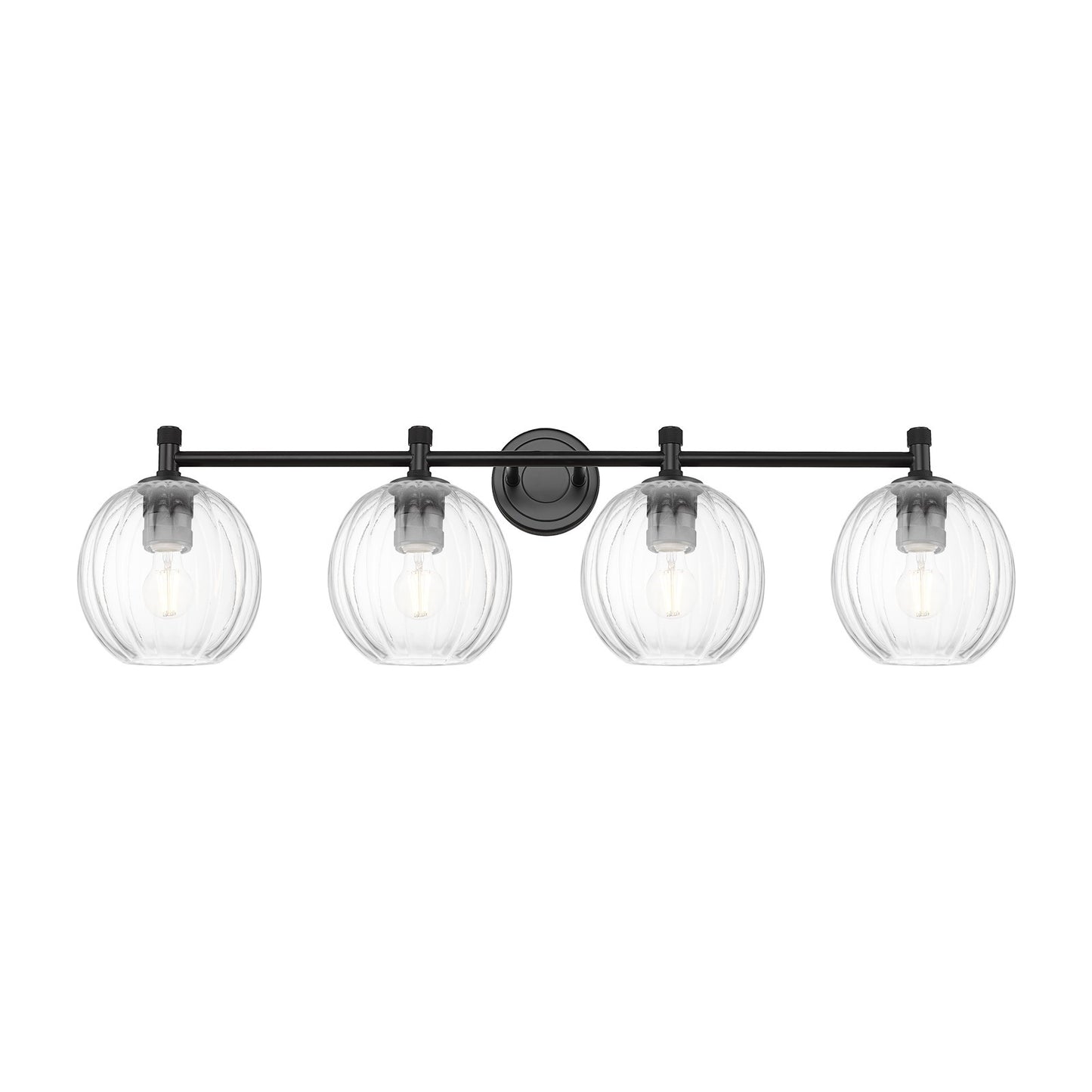 Innovations Preston Globe 38in 4-Light Bath Vanity | Industrial Matte Black and Clear Glass | Bathroom Vanity | Model 434-4W-BK-G458-7CL