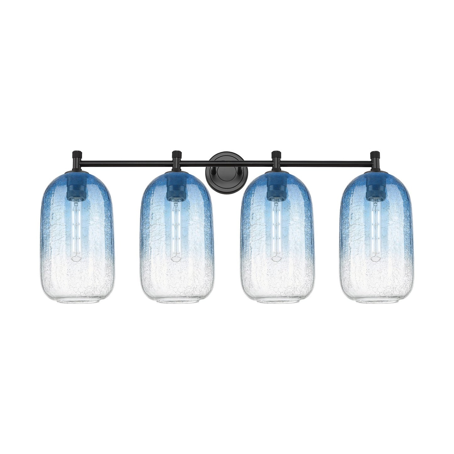 Innovations Brookhaven Cloche 37in 4-Light Bath Vanity | Industrial Matte Black and Sapphire Blue Glass | Bathroom | Model 434-4W-BK-G482-7SB