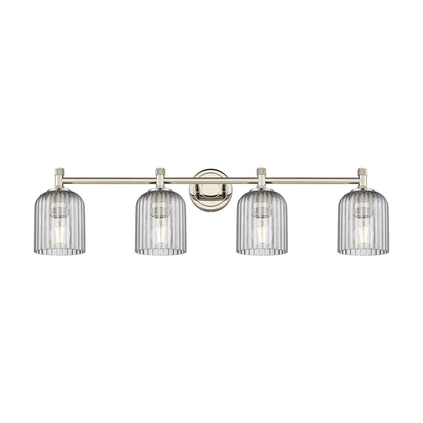Innovations Crown Point 35in 4-Light Bath Vanity Light | Industrial Polished Nickel and Light Smoke Glass | Bathroom | Model 434-4W-PN-G559-5SM