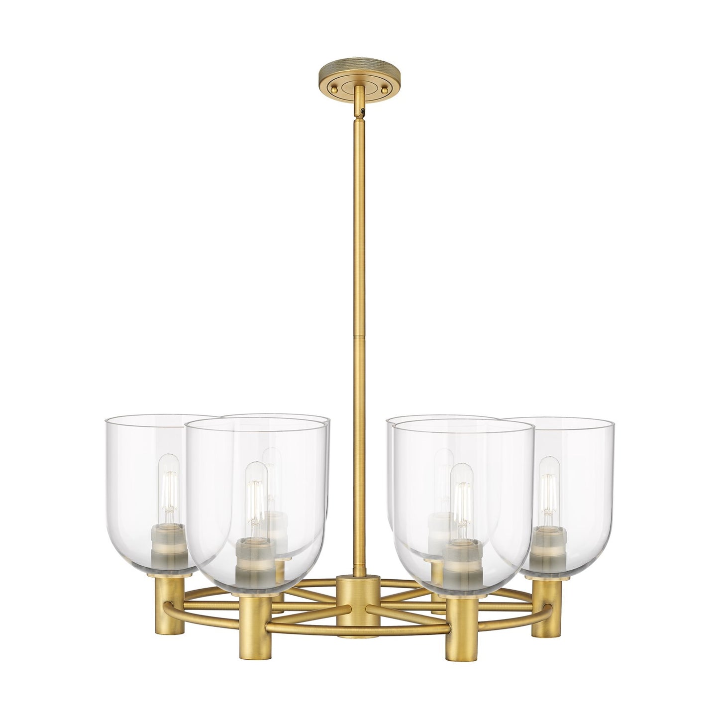 Innovations Bella 25in 6-Light Chandelier | Industrial Brushed Brass and Clear Glass | Kitchen Island & Dining Room | Model 434-6CR-BB-G558-6CL