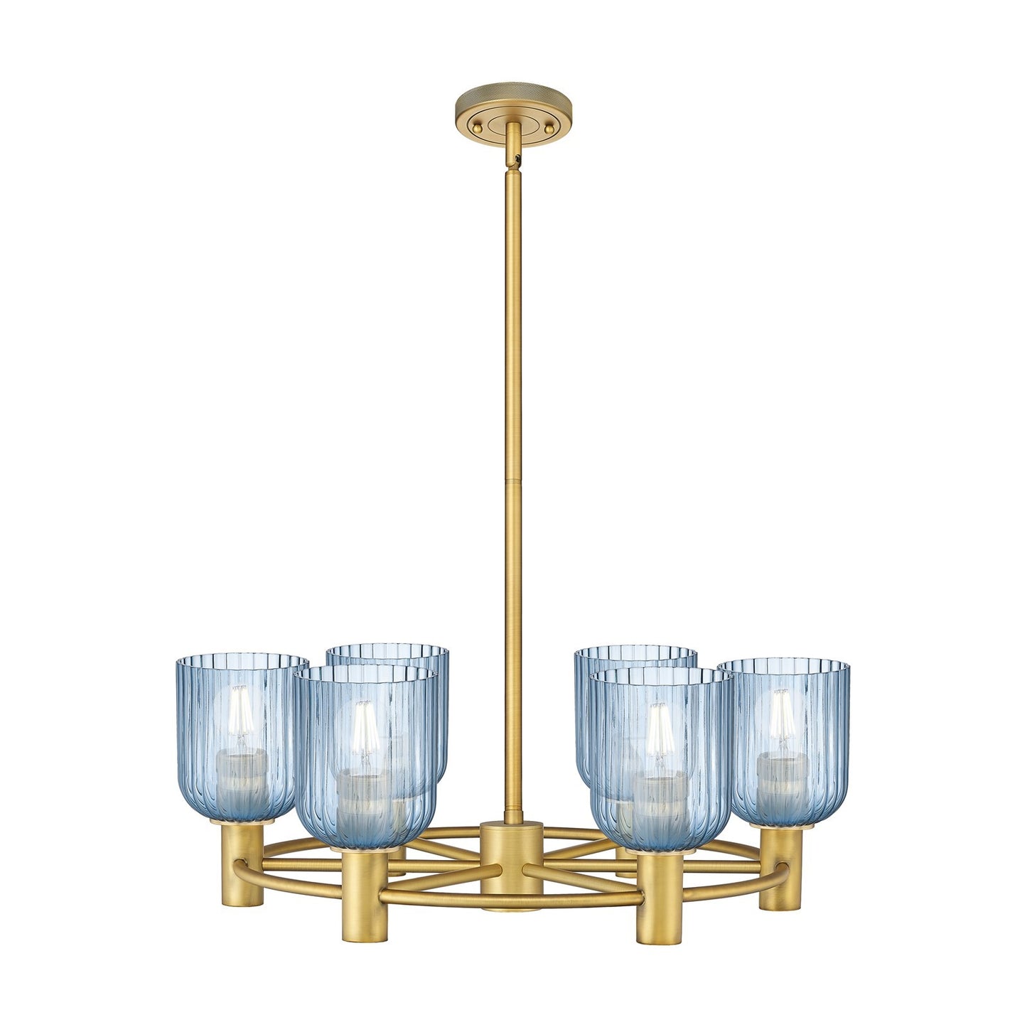 Innovations Crown Point 25in 6-Light Chandelier | Industrial Brushed Brass and Princess Blue Glass | Kitchen Island | Model 434-6CR-BB-G559-5BL