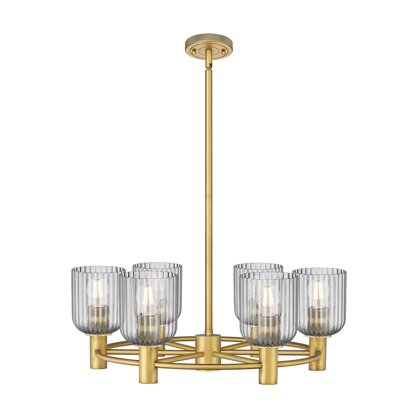 Innovations Crown Point 25in 6-Light Chandelier | Industrial Brushed Brass and Light Smoke Glass | Kitchen Island | Model 434-6CR-BB-G559-5SM