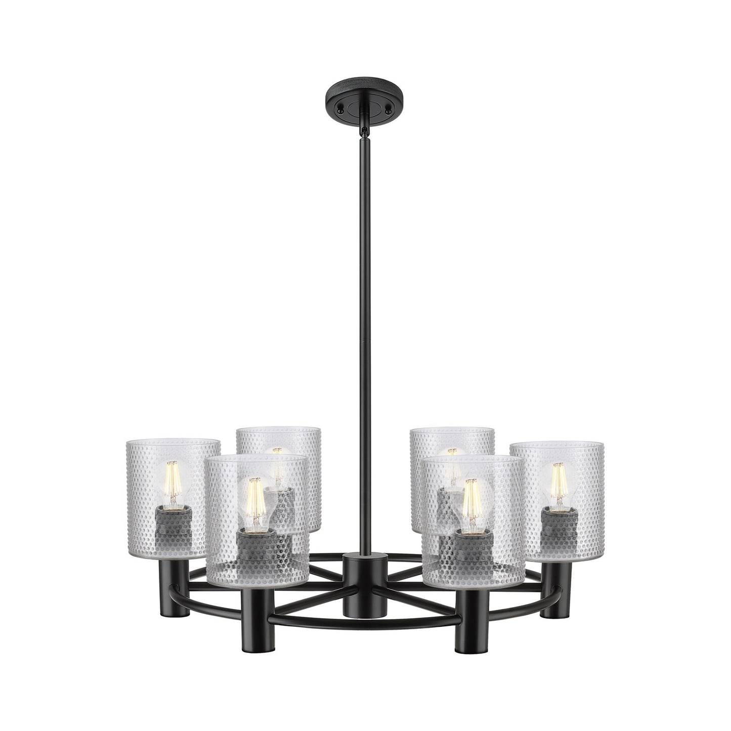 Innovations Cobbleskill 25in 6-Light Chandelier | Industrial Matte Black and Clear Glass | Kitchen Island & Dining Room | Model 434-6CR-BK-G112