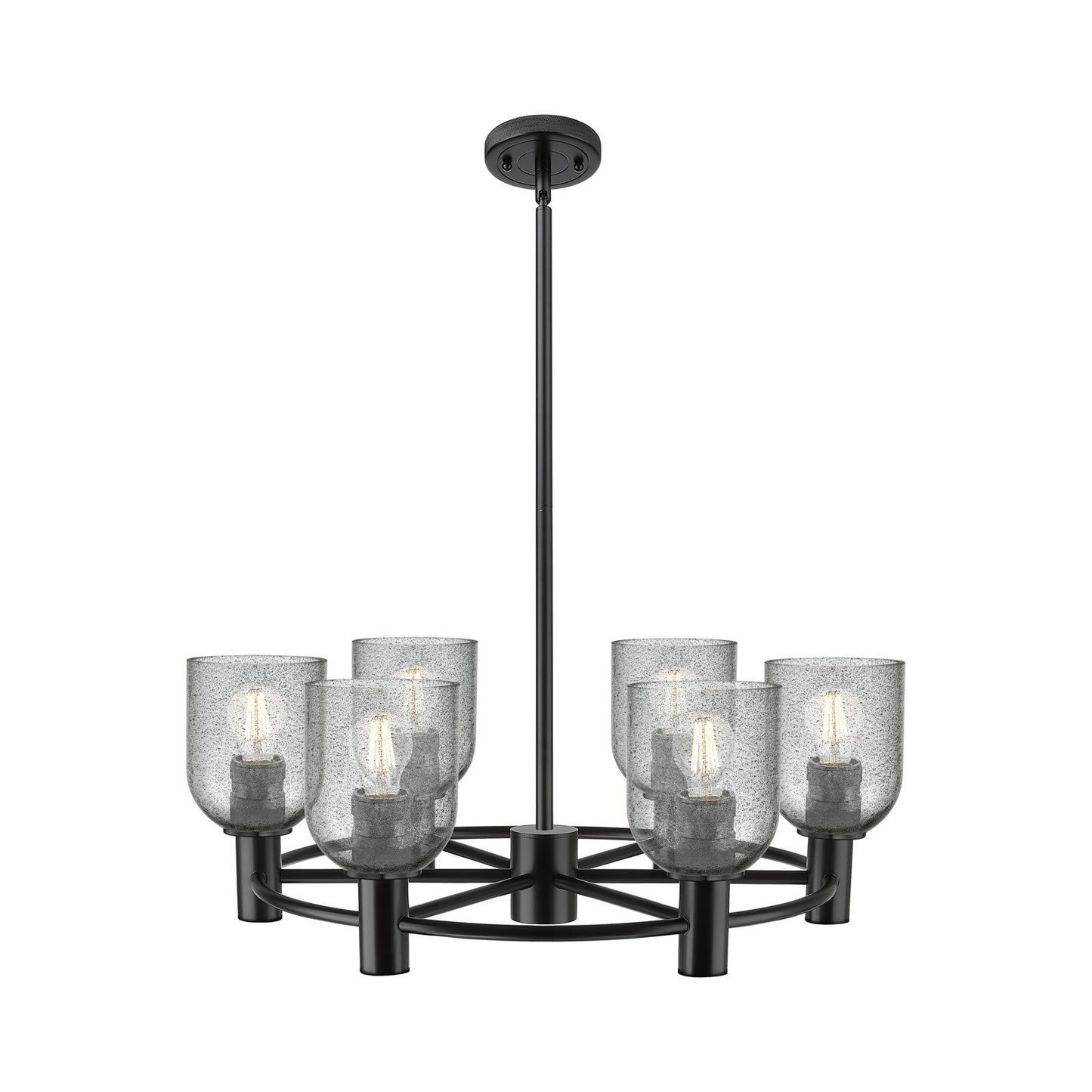Innovations Caledonia 25in 6-Light Chandelier | Industrial Matte Black and Charcoal Glass | Kitchen Island & Dining Room | Model 434-6CR-BK-G257