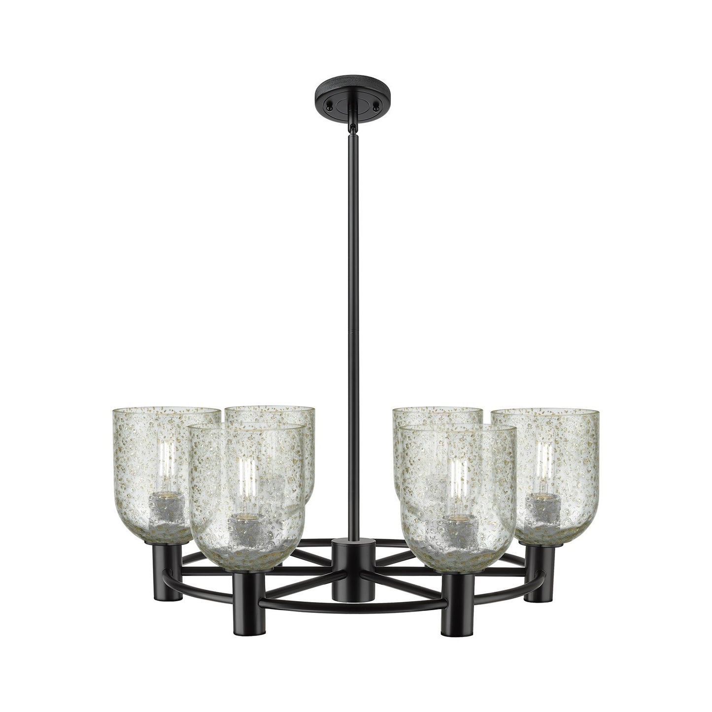 Innovations Caledonia 25in 6-Light Chandelier | Industrial Matte Black and Mica Glass | Kitchen Island & Dining Room | Model 434-6CR-BK-G259