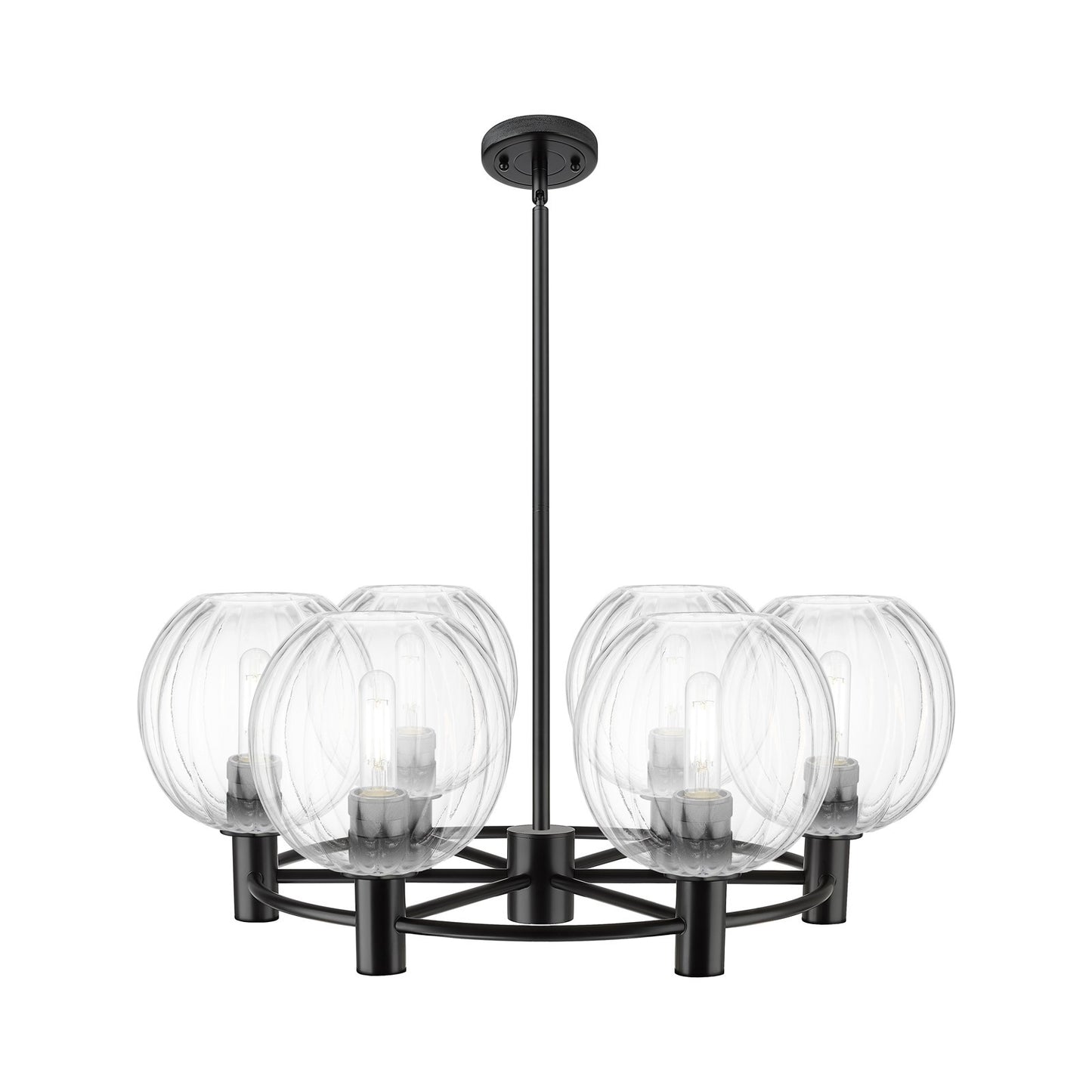 Innovations Preston Globe 27in 6-Light Chandelier | Industrial Matte Black and Clear Glass | Dining Room & Kitchen Island | Model 434-6CR-BK-G458-7CL