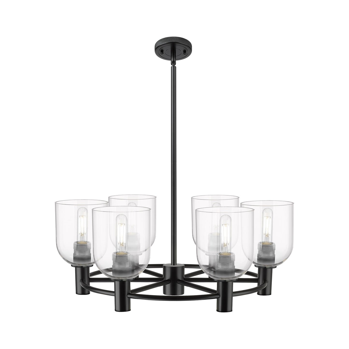 Innovations Bella 25in 6-Light Chandelier | Industrial Matte Black and Clear Glass | Kitchen Island & Dining Room | Model 434-6CR-BK-G558-6CL