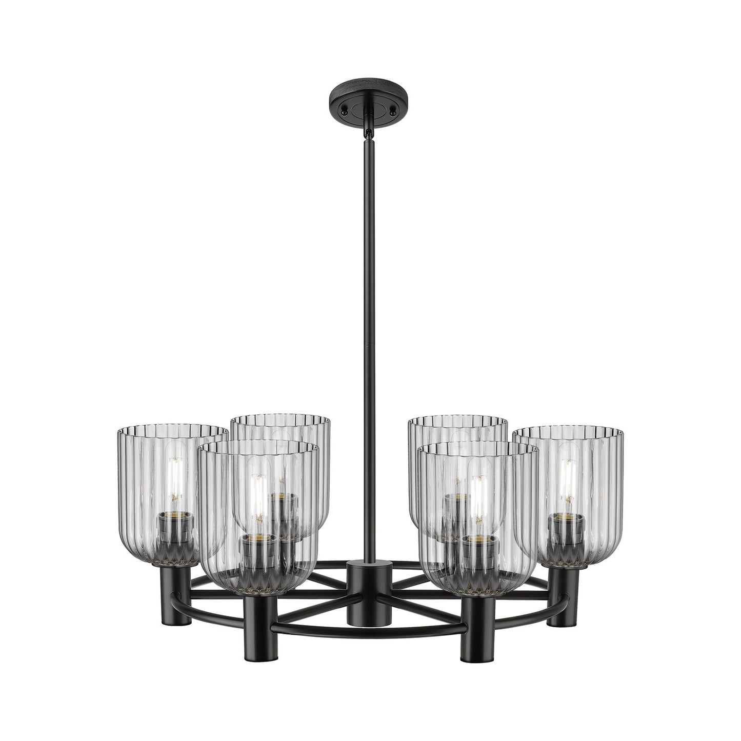 Innovations Crown Point 25in 6-Light Chandelier | Industrial Matte Black and Light Smoke Glass | Kitchen Island & Dining | Model 434-6CR-BK-G559-5SM