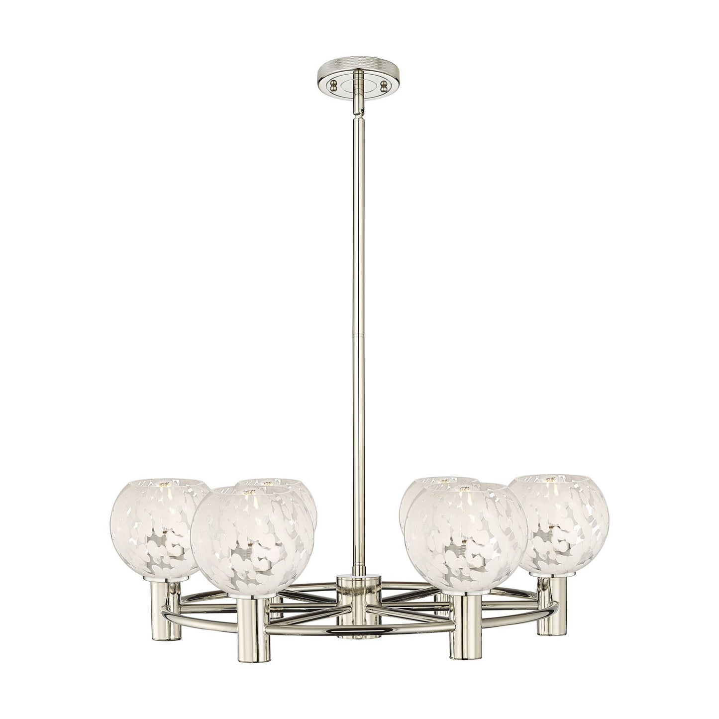 Innovations White Mouchette 26in 6-Light Chandelier | Industrial Polished Nickel and White Mouchette Glass | Dining Room | Model 434-6CR-PN-G1216-6WM